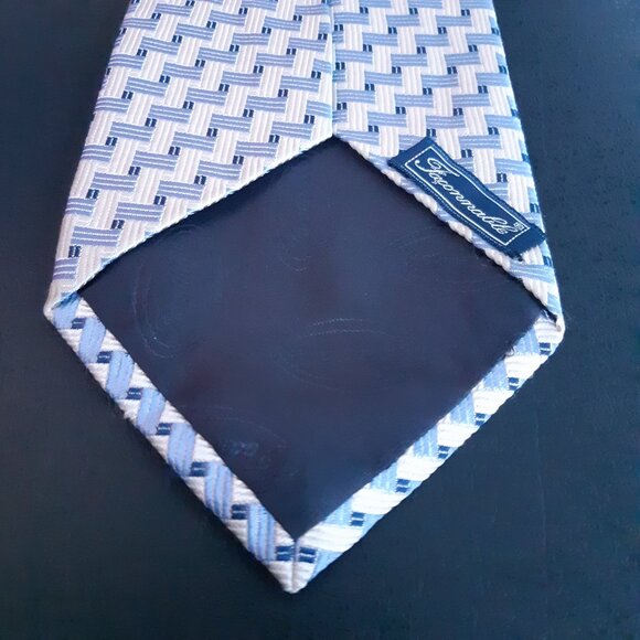 Faconnable 100% Silk Tie, White W/ Light & Navy Blue Geometric Pattern - Picture 6 of 14